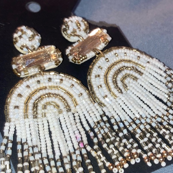 Boho Gold and White Beaded Earrings - Picture 3 of 5